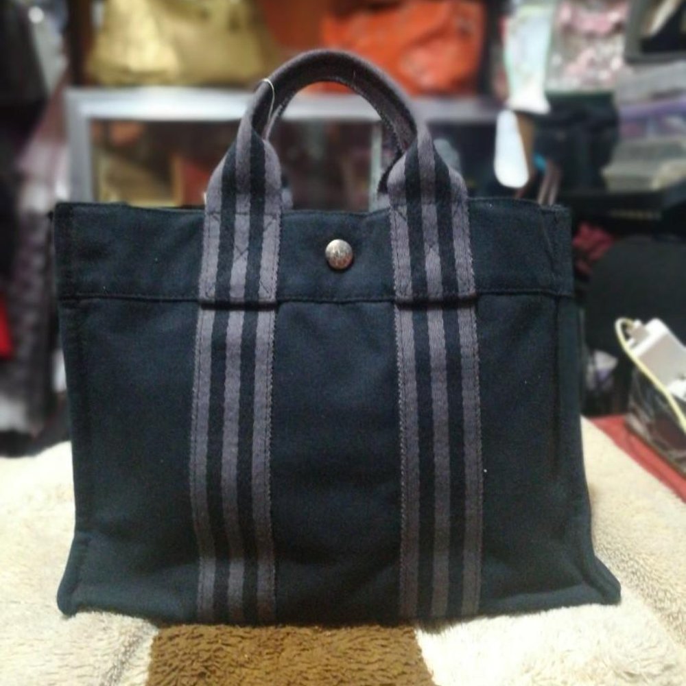 Authentic Vintage Hermes Canvas Tote (Black and Grey)